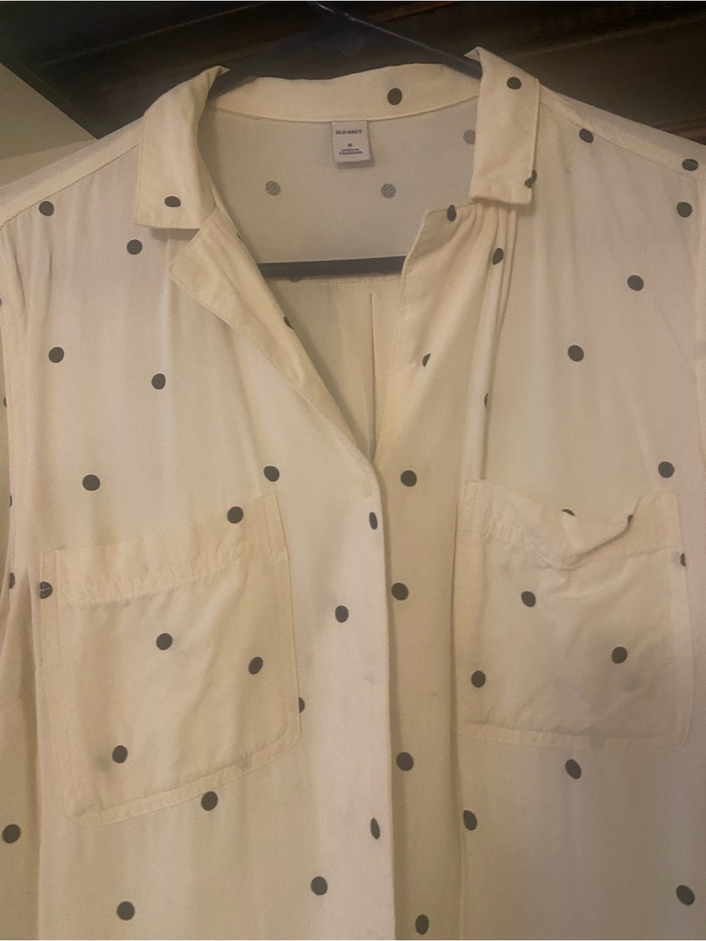 Old Navy Cream Blouse with Black and Gray Polka Dots